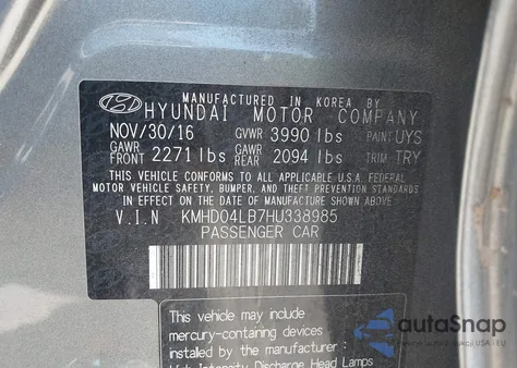 2017 Hyundai Elantra Sport z USA, uszkodzony, nr VIN KMHD04LB7HU338985